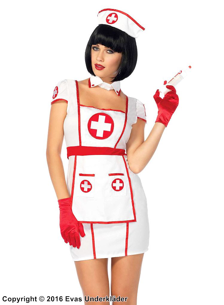Sjuksköterska, maskeradklänning med keps-ärmar, krage, förkläde och stor rosett